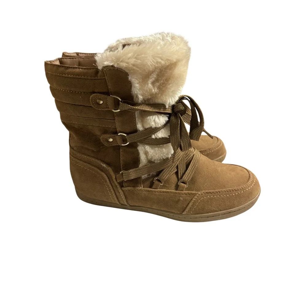 G by GUESS Womens Tan Faux Suede Fur Trim Lace Up Winter Boots Size 8.5M